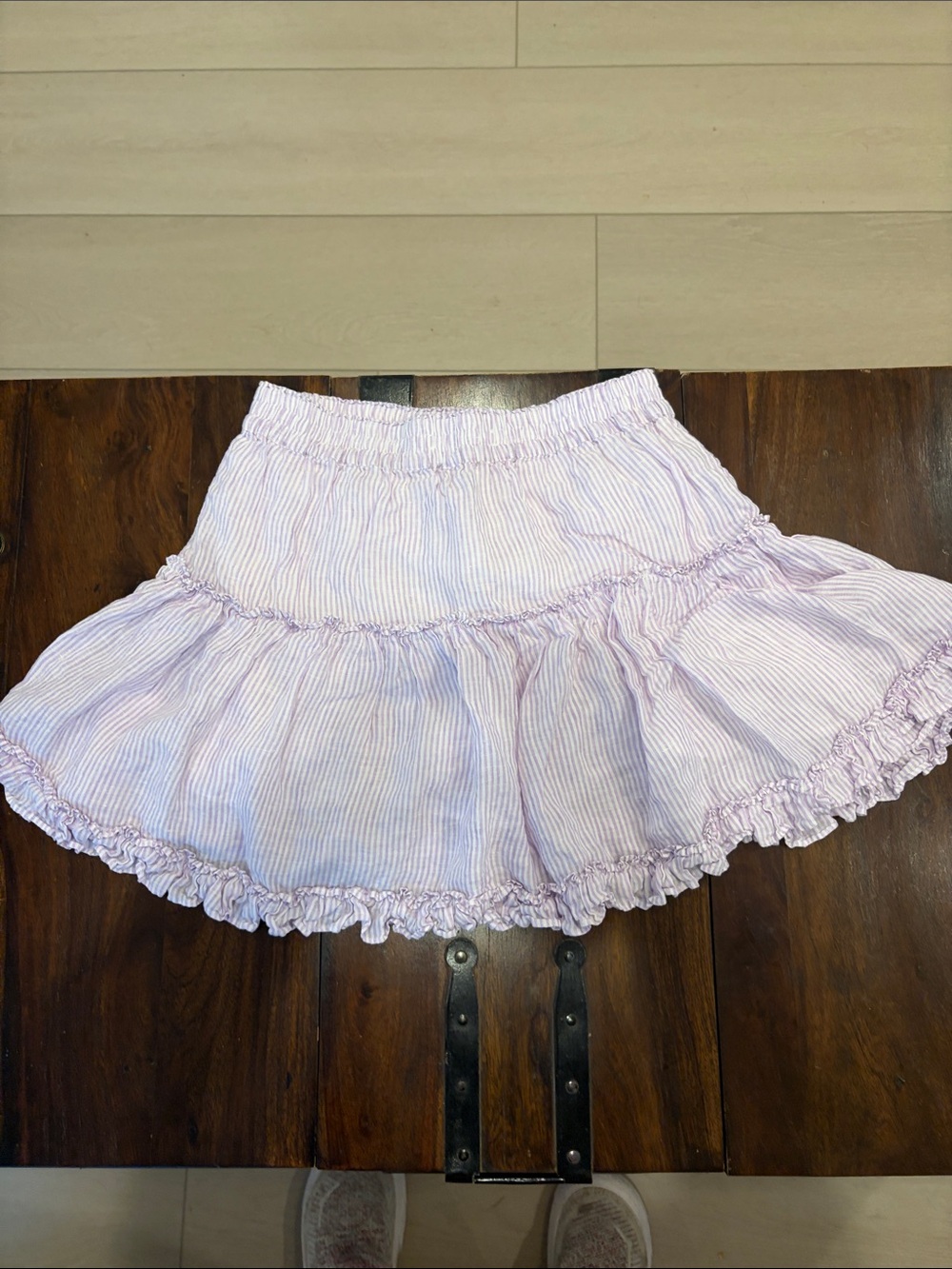 Hill House Lavender and White Striped Tiered Ruffle Mini Skirt